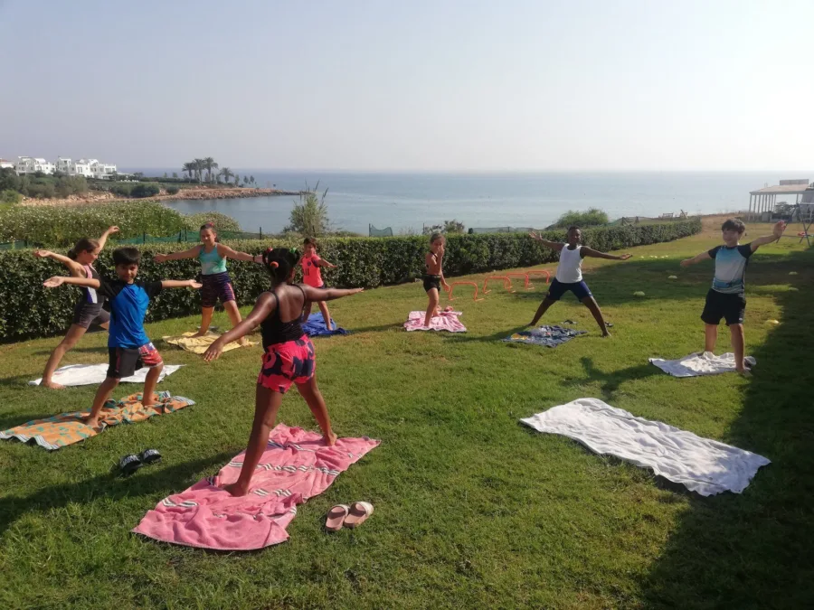 A group working through mat exercises on a lawn above the sea