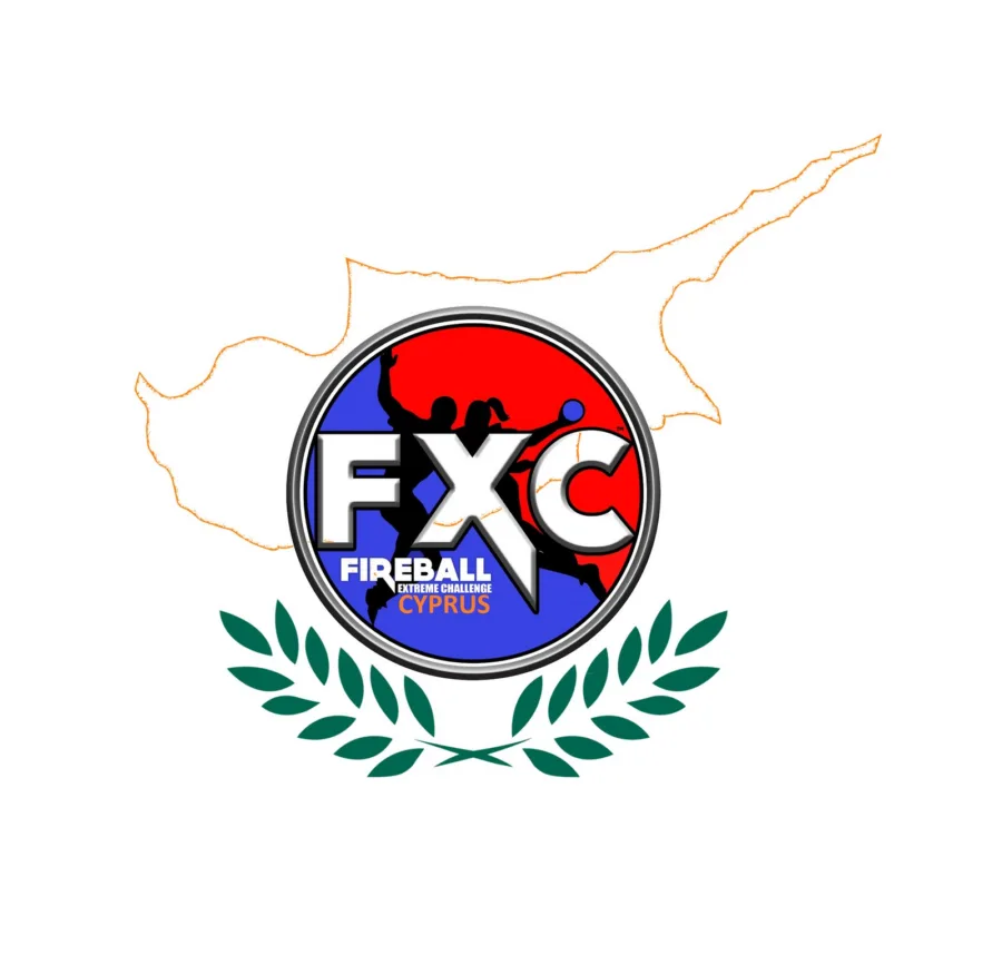 The Fireball Extreme Challenge Cyprus badge set inside an outline of the island