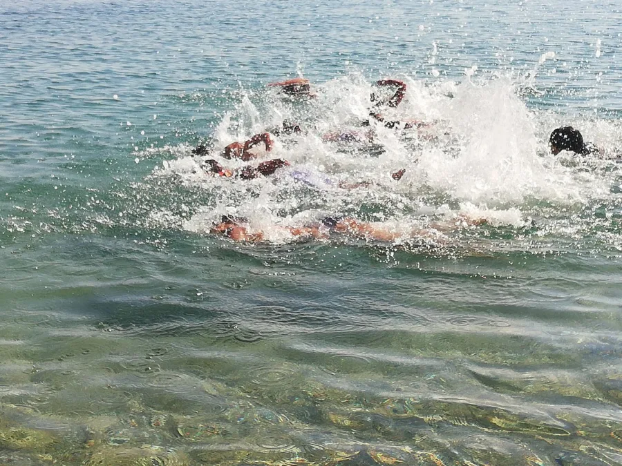 A group of swimmers churning the surface during an open-water session