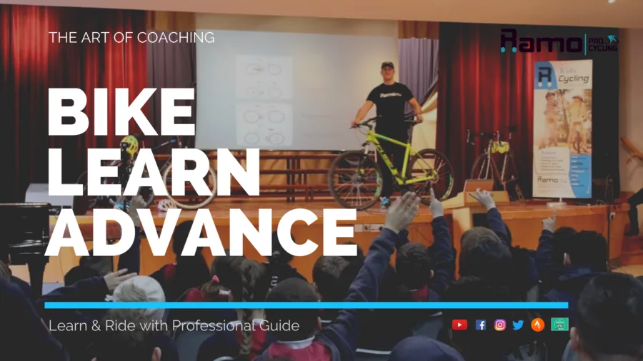 Poster: schoolchildren with their hands up in front of a stage where a coach stands with a mountain bike, captioned BIKE LEARN ADVANCE