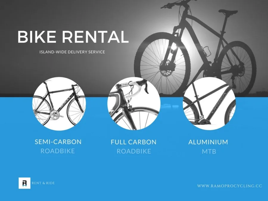 Poster: BIKE RENTAL, Island-wide Delivery Service, over three circles reading semi-carbon roadbike, full carbon roadbike and aluminium MTB