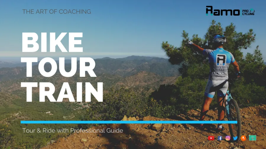 Poster: a mountain biker on a ridge pointing across the hills, captioned THE ART OF COACHING, BIKE TOUR TRAIN, Tour & Ride with Professional Guide
