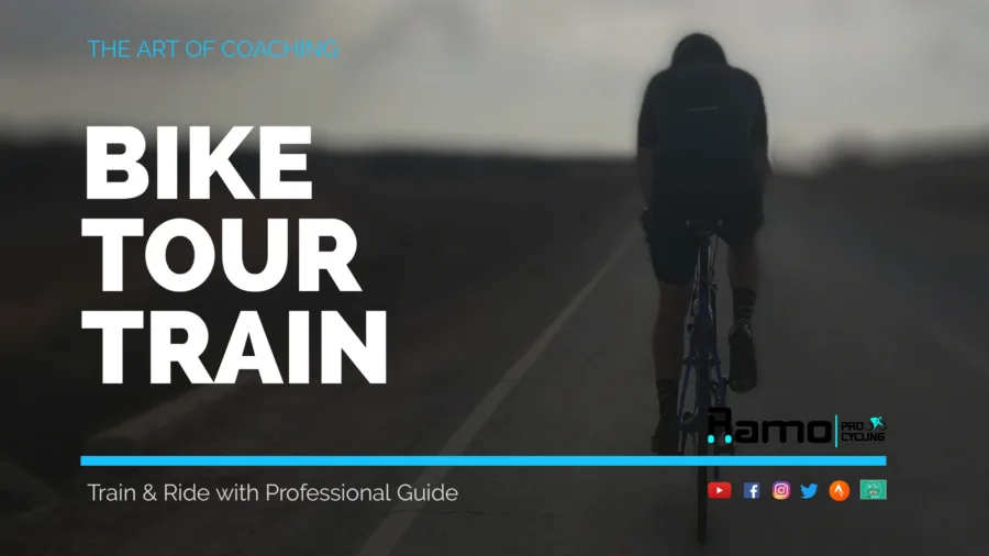 Poster: a rider from behind on an empty road at dusk, captioned THE ART OF COACHING, BIKE TOUR TRAIN, Train & Ride with Professional Guide