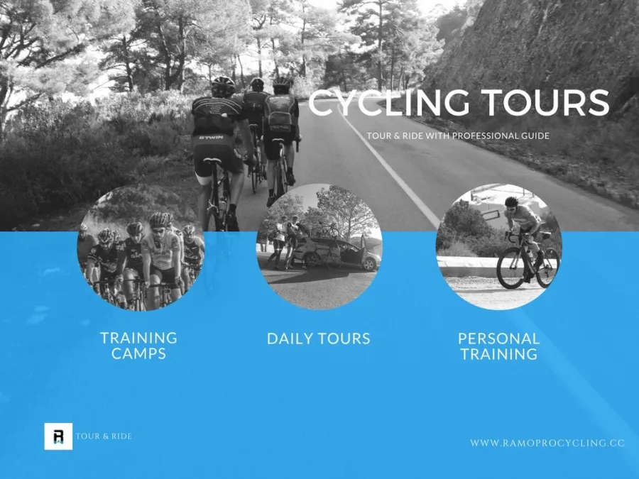 Poster: riders on a tree-lined road behind the words CYCLING TOURS, Tour & Ride with Professional Guide, over three circles reading Training Camps, Daily Tours and Personal Training
