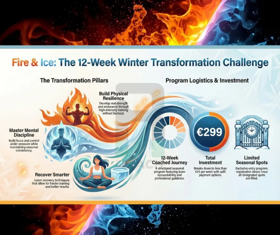 Poster for the Fire and Ice twelve week winter transformation challenge: build physical resilience, master mental discipline and recover smarter, 299 euro for the coached programme