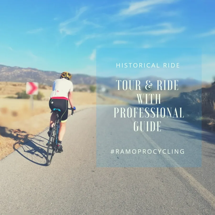 Poster: a rider on a dry inland road below hills, captioned HISTORICAL RIDE, Tour & Ride with Professional Guide