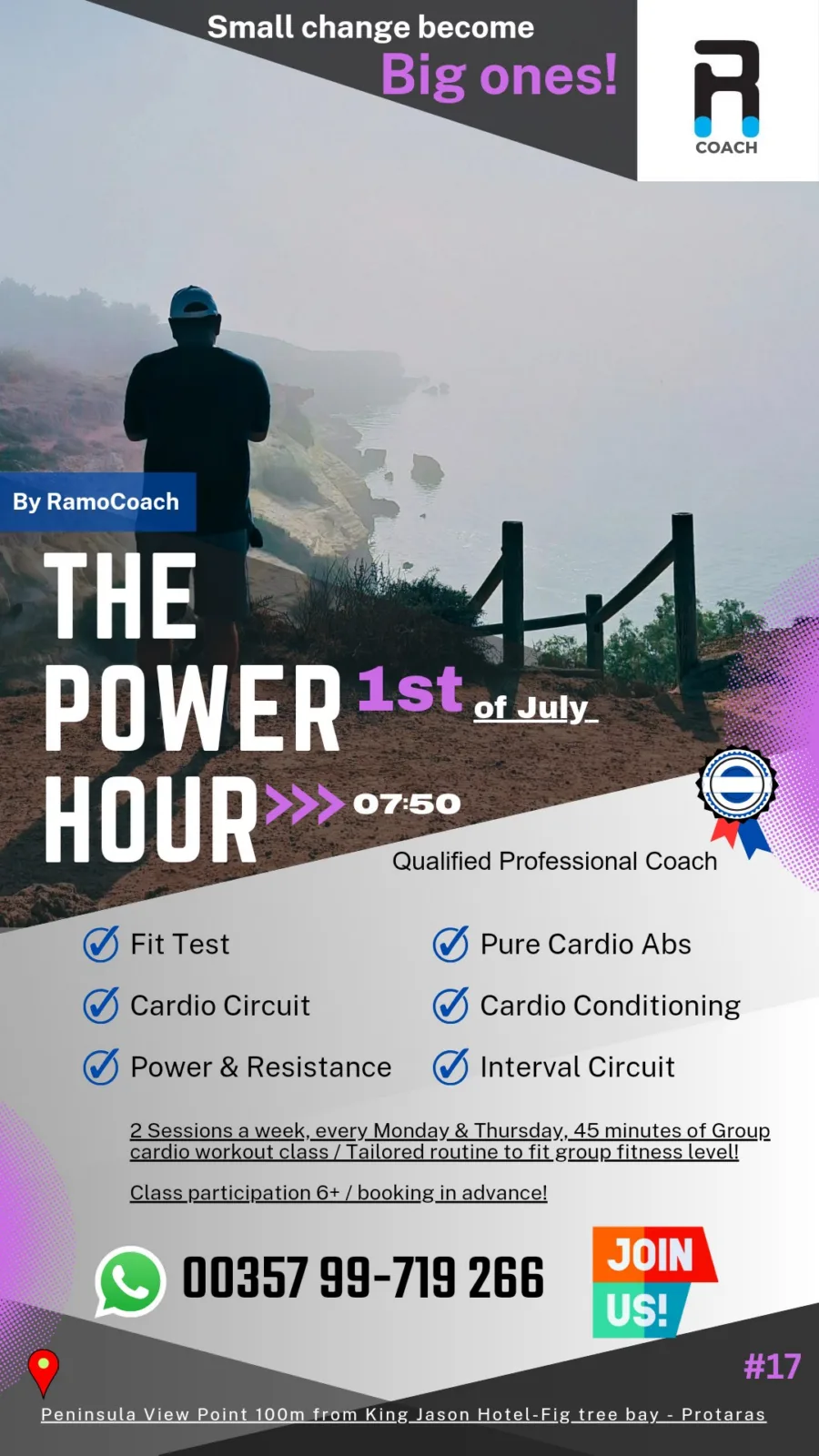 Poster for The Power Hour on the 1st of July at 07:50, a lone figure silhouetted on the cliff path at first light