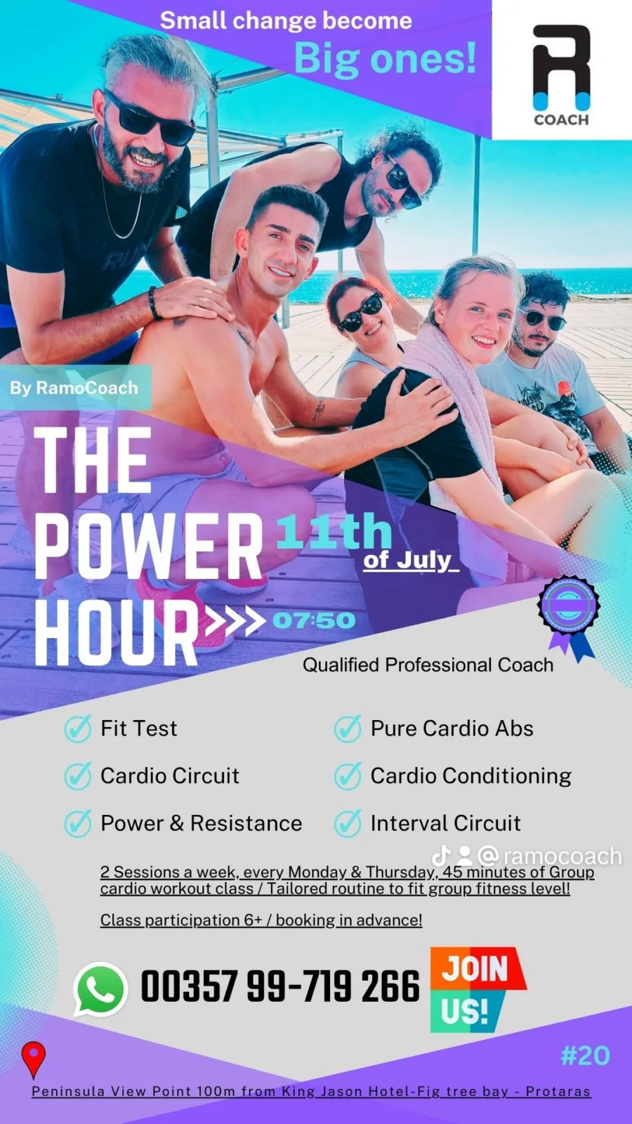 Poster for The Power Hour on the 11th of July at 07:50, the group posing together by the sea