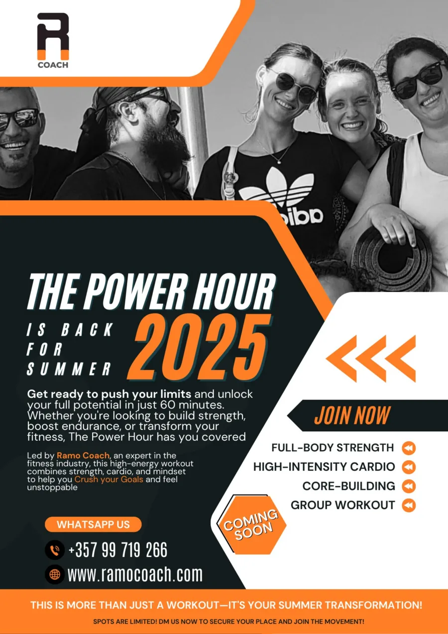 Poster announcing The Power Hour back for summer 2025: full-body strength, high-intensity cardio, core building and group workout