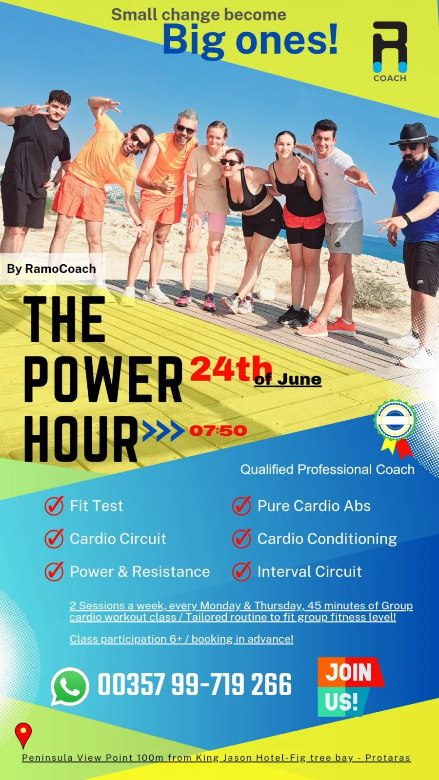 Poster for The Power Hour on the 24th of June at 07:50, the group lined up on the beach