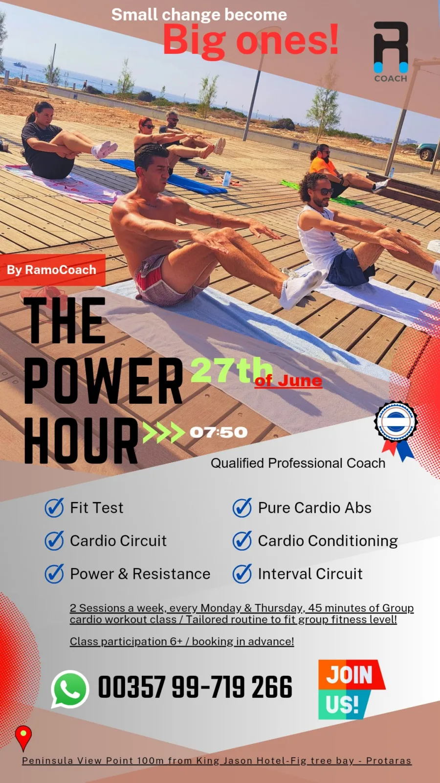 Poster for The Power Hour on the 27th of June at 07:50, the class doing seated core work on mats along the boardwalk