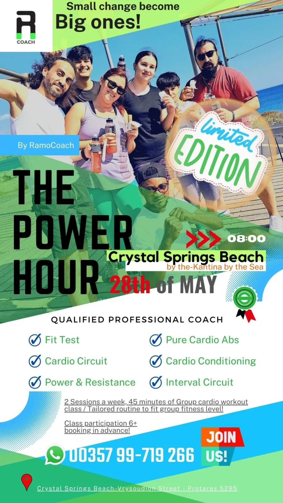 Limited edition poster for The Power Hour on the 28th of May at 08:00 at Crystal Springs Beach, Protaras