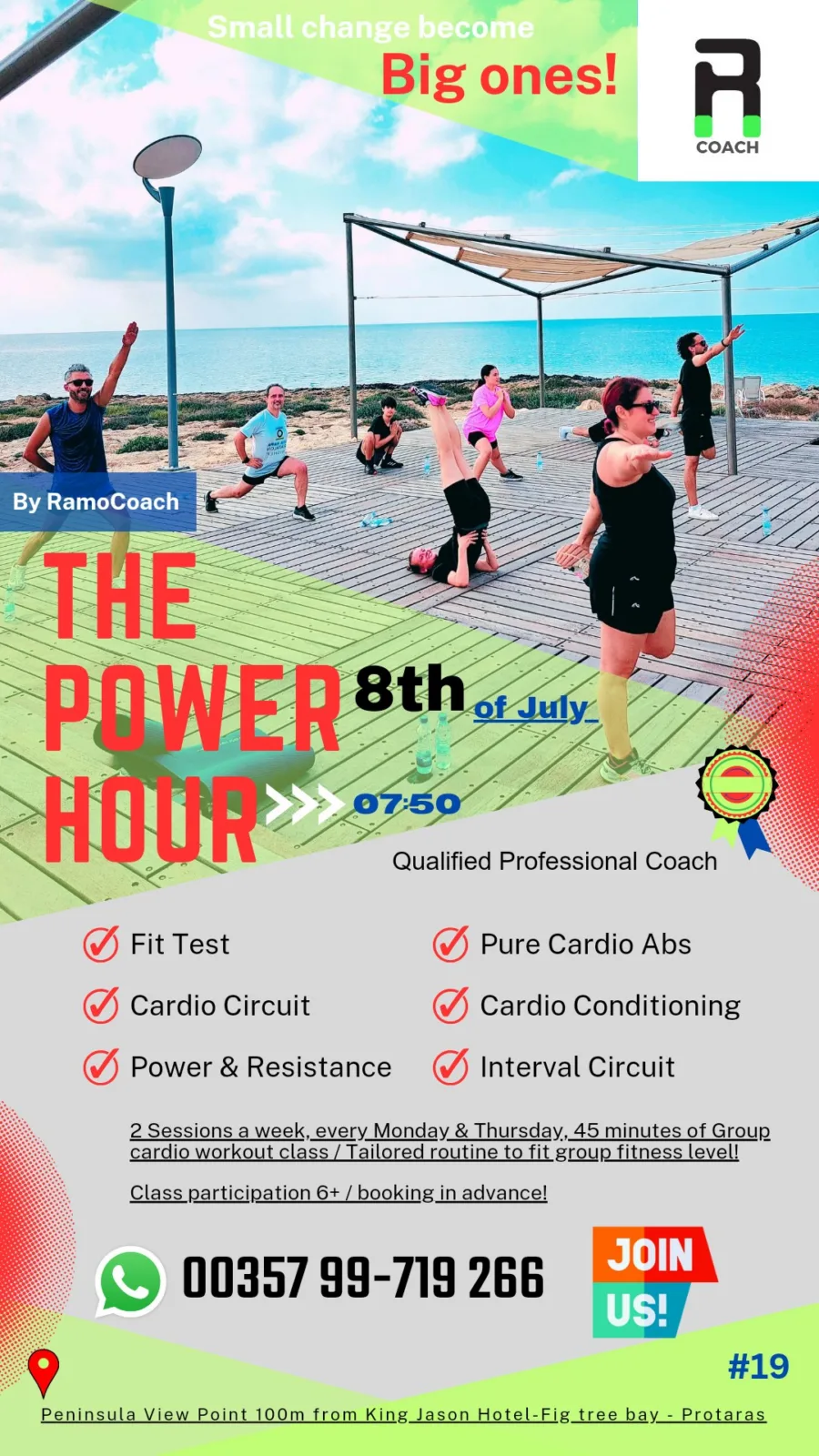 Poster for The Power Hour on the 8th of July at 07:50, the class training under the shade sails on the seafront boardwalk