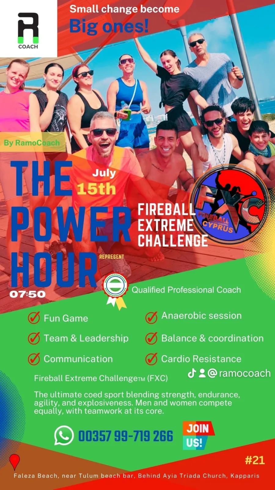 Poster for The Power Hour on the 15th of July run with the Fireball Extreme Challenge Cyprus: fun game, team and leadership, communication, anaerobic session, balance and coordination, cardio resistance