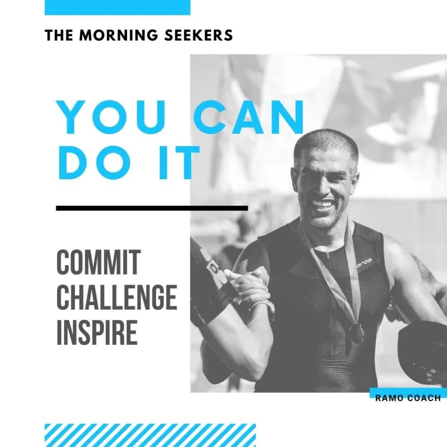 Poster for The Morning Seekers: you can do it, commit, challenge, inspire, beside a photograph of Ramo in a triathlon suit
