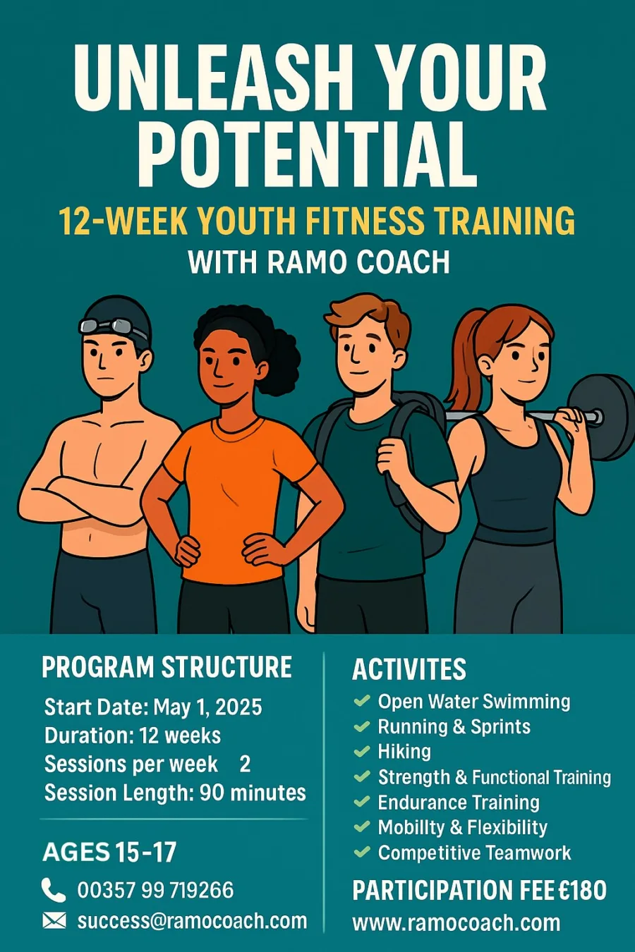 Poster for a twelve-week youth fitness programme for ages 15 to 17 starting the 1st of May 2025: open-water swimming, running and sprints, hiking, strength and functional training, endurance, mobility and competitive teamwork, two ninety-minute sessions a week, participation fee 180 euro