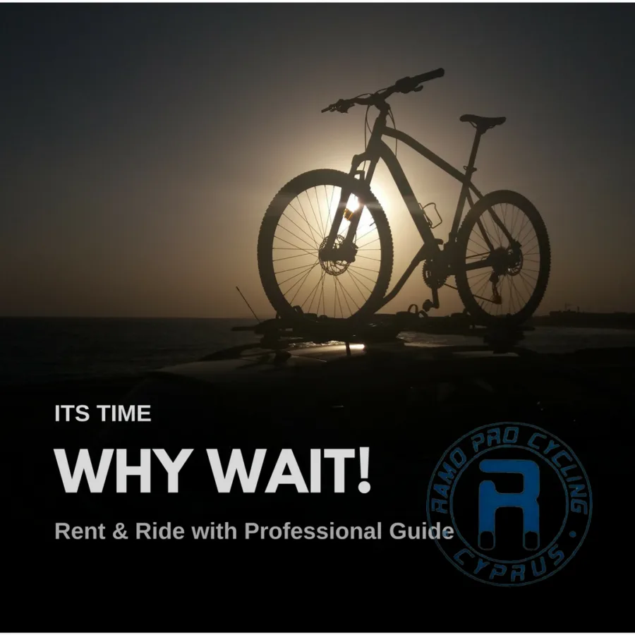 Poster: a mountain bike on a car roof against a hazy sunset over the sea, captioned ITS TIME, WHY WAIT!, Rent & Ride with Professional Guide
