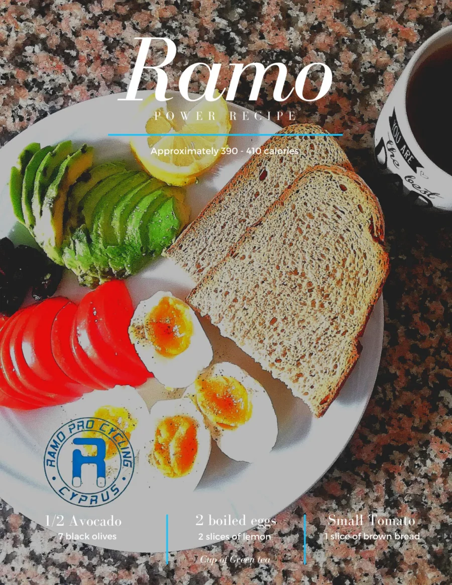 Recipe card for Ramo Power Recipe, roughly 390 to 410 calories: half an avocado, two boiled eggs, tomato, brown bread, olives and green tea