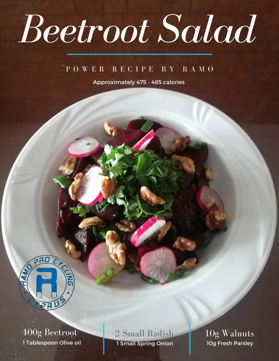 Recipe card for Beetroot Salad, roughly 475 to 485 calories: beetroot, radish, spring onion, walnuts and parsley