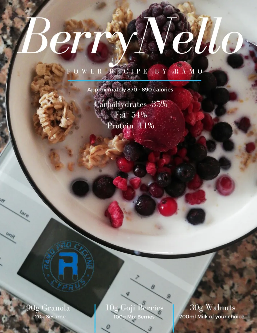 Recipe card for BerryNello, roughly 870 to 890 calories: granola, goji berries, mixed frozen berries and walnuts in milk
