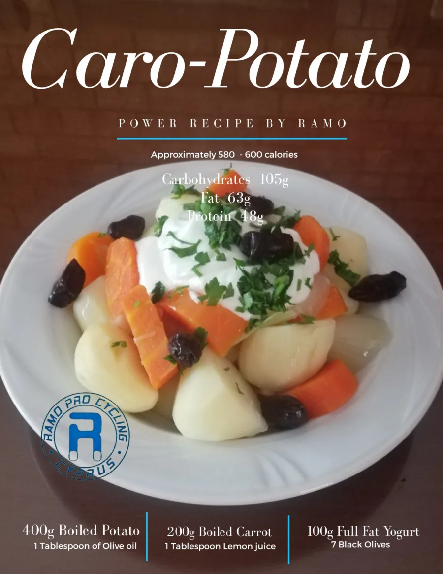 Recipe card for Caro-Potato, roughly 580 to 600 calories: boiled potato and carrot with yoghurt, raisins and parsley