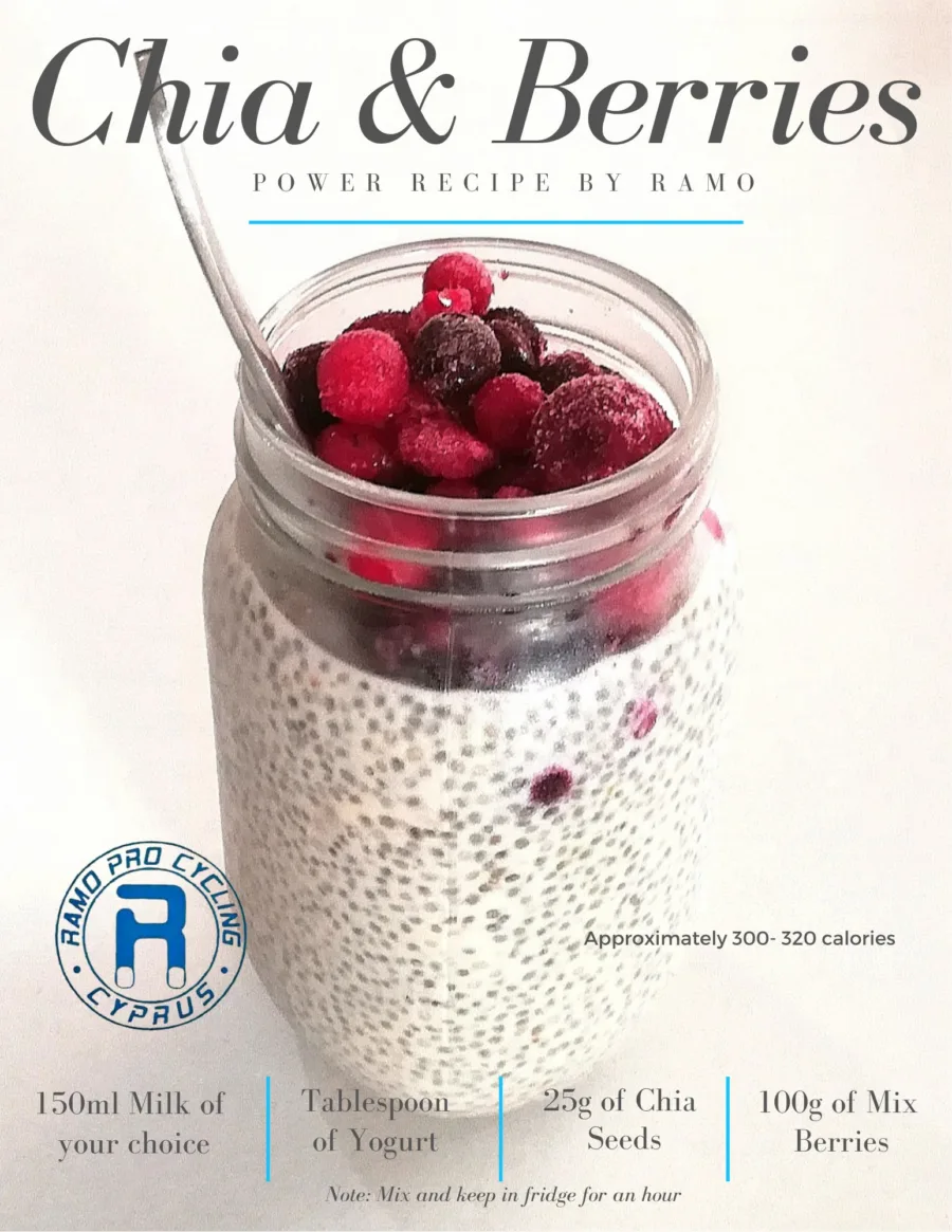 Recipe card for Chia and Berries: 150ml milk, a tablespoon of yoghurt, 25g chia seeds and 100g mixed berries, mixed and kept in the fridge for an hour, roughly 300–320 calories