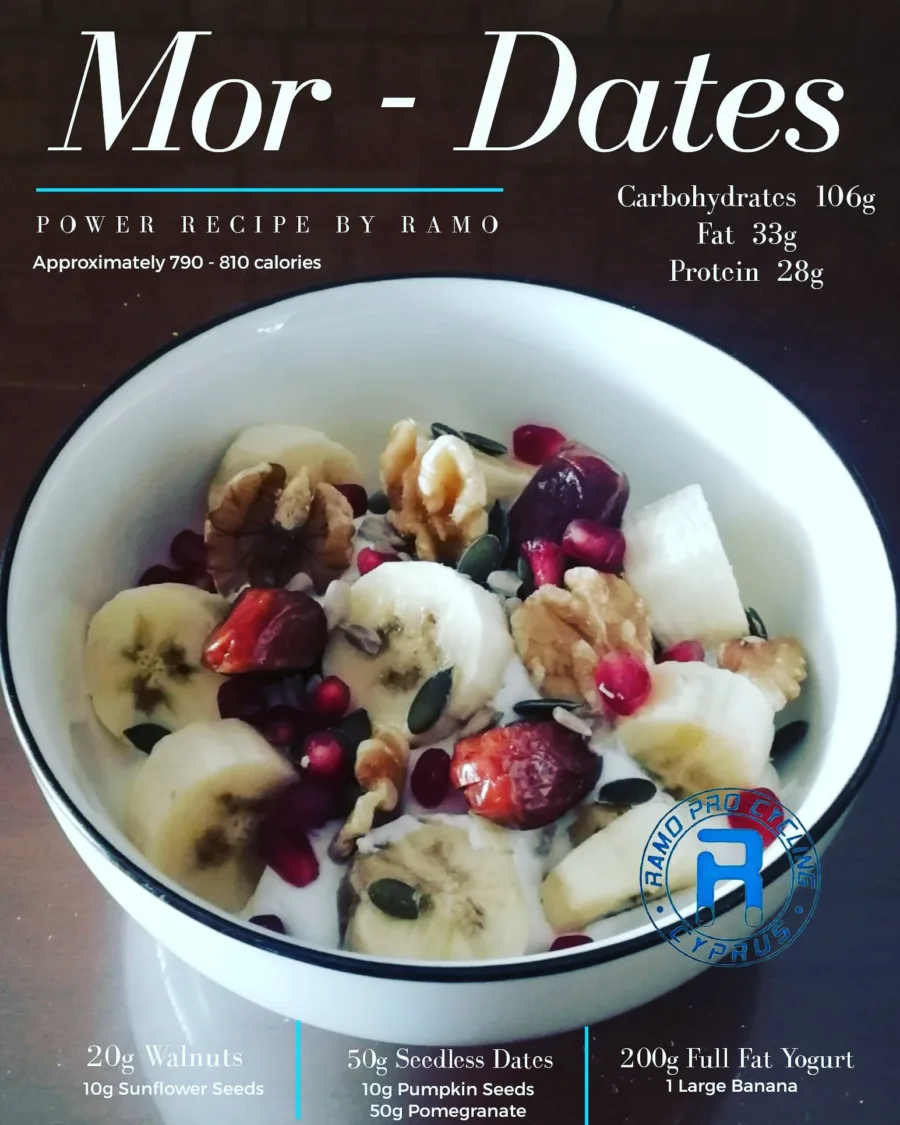 Recipe card for Mor - Dates, roughly 790 to 810 calories: banana, dates, walnuts, pumpkin seeds and pomegranate in yoghurt