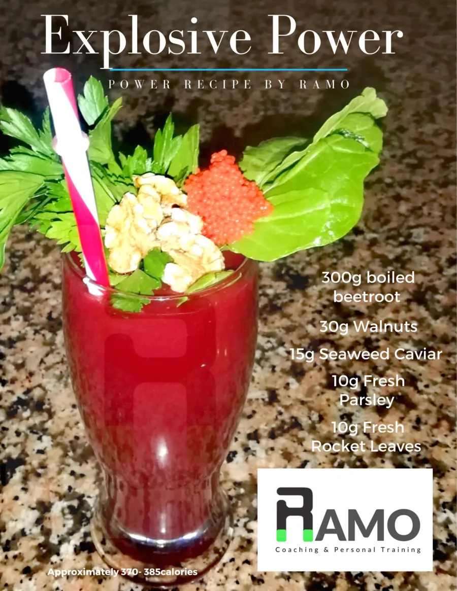Recipe card for Explosive Power: 300g boiled beetroot, 30g walnuts, 15g seaweed caviar, fresh parsley and rocket, roughly 370–385 calories