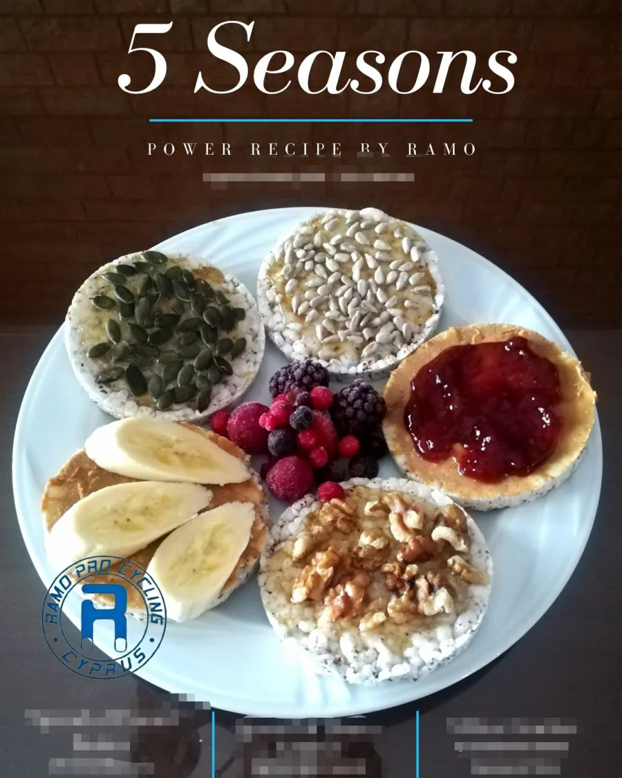 Recipe card for 5 Seasons: five rice cakes on a plate topped with pumpkin seeds, sunflower seeds, jam, walnuts and banana, with frozen berries in the middle