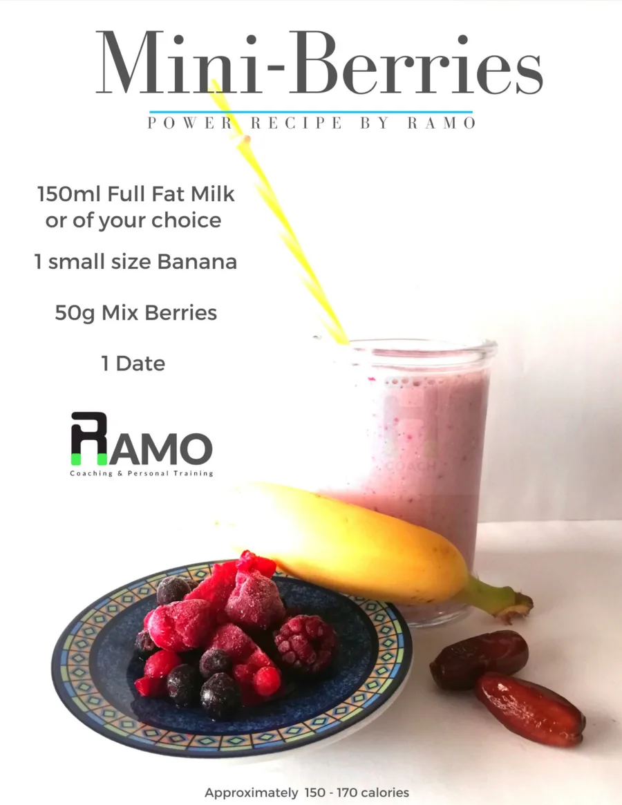 Recipe card for Mini-Berries: 150ml full-fat milk, a small banana, 50g mixed berries and a date, roughly 150–170 calories
