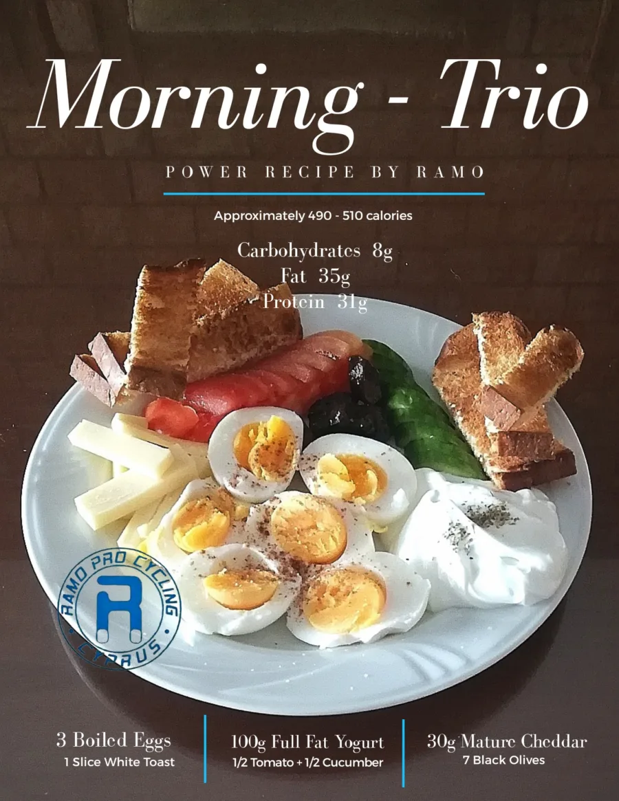 Recipe card for Morning - Trio, roughly 490 to 510 calories: three boiled eggs, yoghurt, mature cheddar, toast, tomato, cucumber and olives