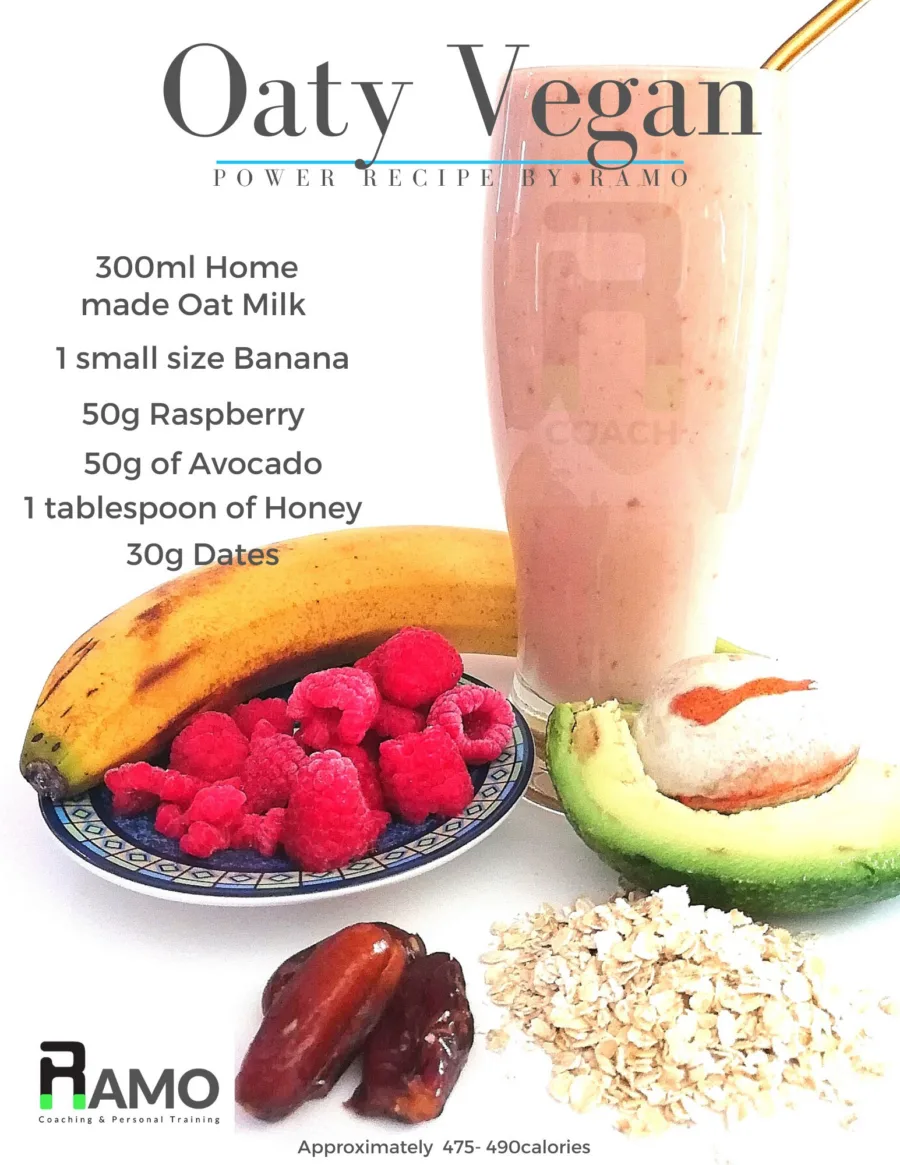 Recipe card for Oaty Vegan: 300ml home-made oat milk, a small banana, 50g raspberries, 50g avocado, a tablespoon of honey and 30g dates, roughly 475–490 calories