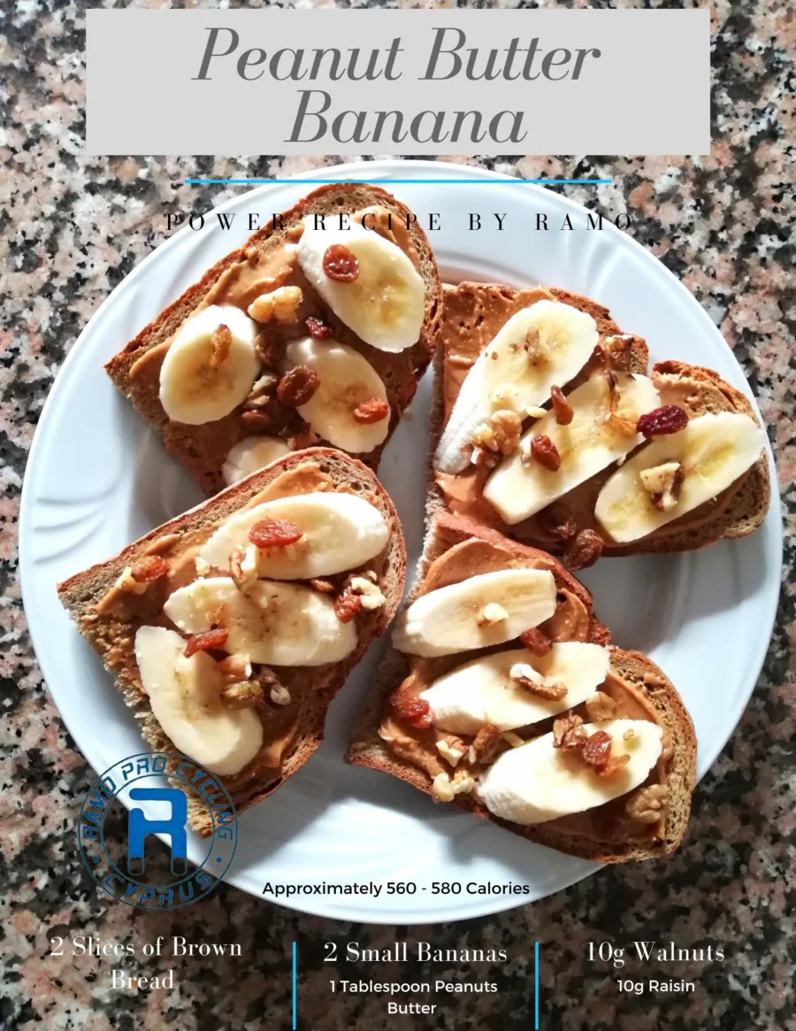Recipe card for Peanut Butter Banana, roughly 560 to 580 calories: brown bread, two bananas, walnuts and raisins