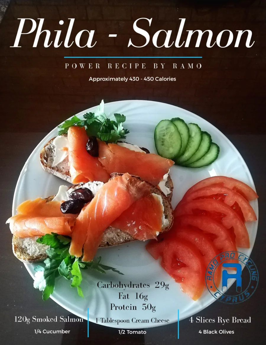 Recipe card for Phila - Salmon, roughly 430 to 450 calories: 120g smoked salmon, cream cheese, rye bread, cucumber, tomato and black olives