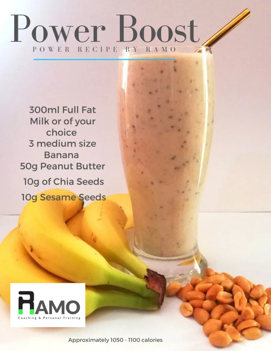 Recipe card for Power Boost: 300ml full-fat milk, 3 bananas, 50g peanut butter, 10g chia seeds and 10g sesame seeds, roughly 1050–1100 calories