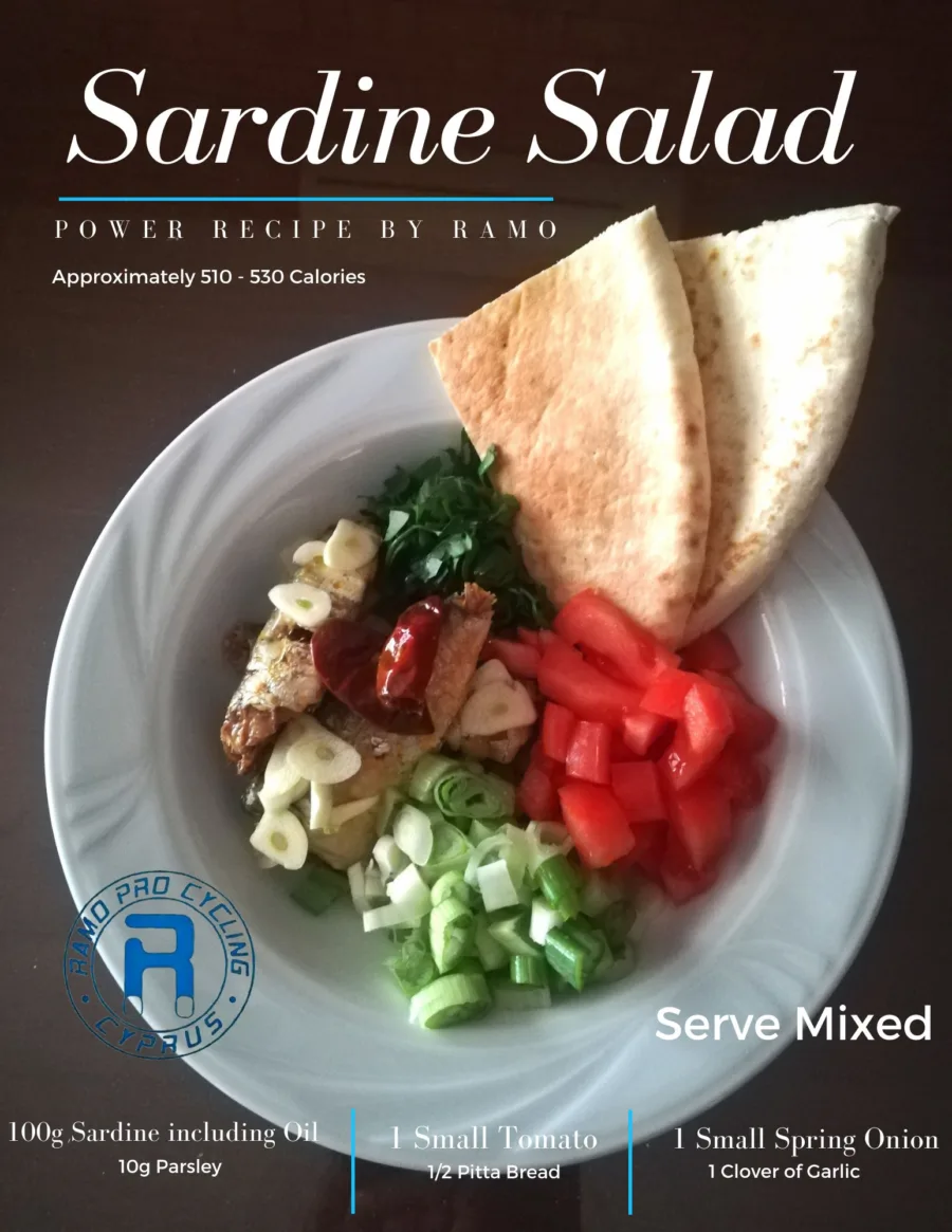Recipe card for Sardine Salad, roughly 510 to 530 calories: sardines, tomato, spring onion, garlic, parsley and half a pitta, served mixed