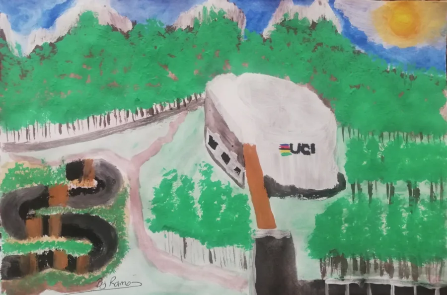 A watercolour of the UCI World Cycling Centre and its outdoor track among pines below snow-topped mountains, signed By Ramo