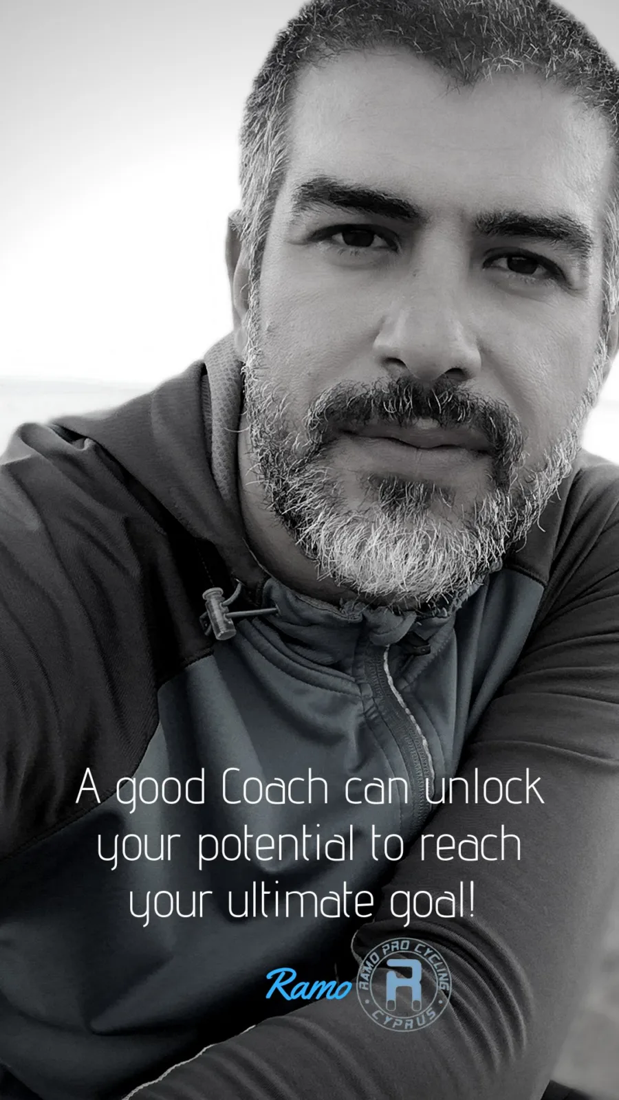 Card over a portrait of Ramo in a Ramo Pro Cycling jacket: a good coach can unlock your potential to reach your ultimate goal