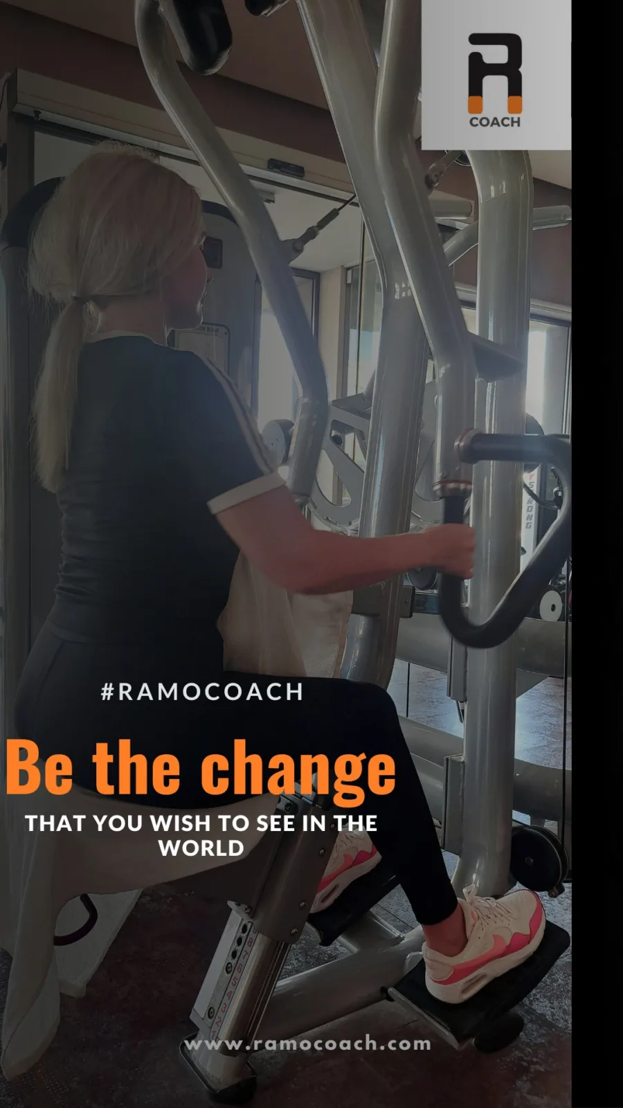 Card over a photograph of a rider on a gym bike: be the change that you wish to see in the world