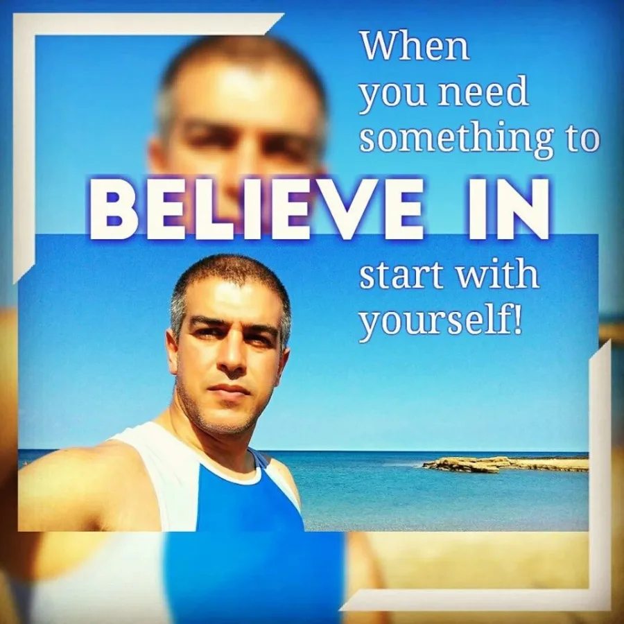 Card over two photographs of Ramo by the sea: when you need something to believe in, start with yourself