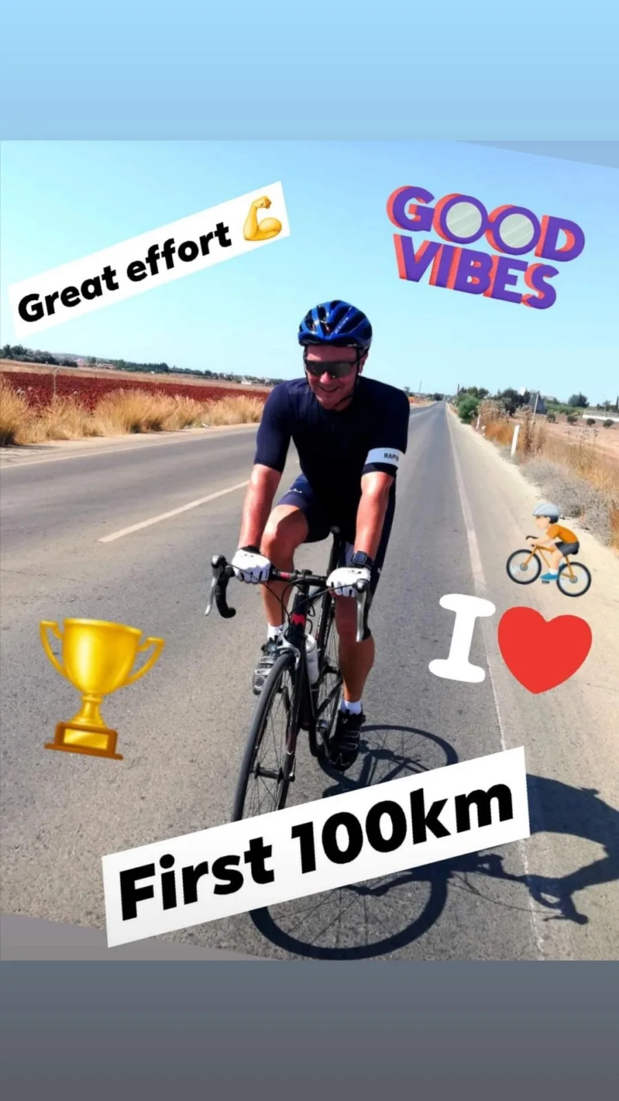 A shared story: a rider on an open road, captioned Great effort, Good vibes and First 100km