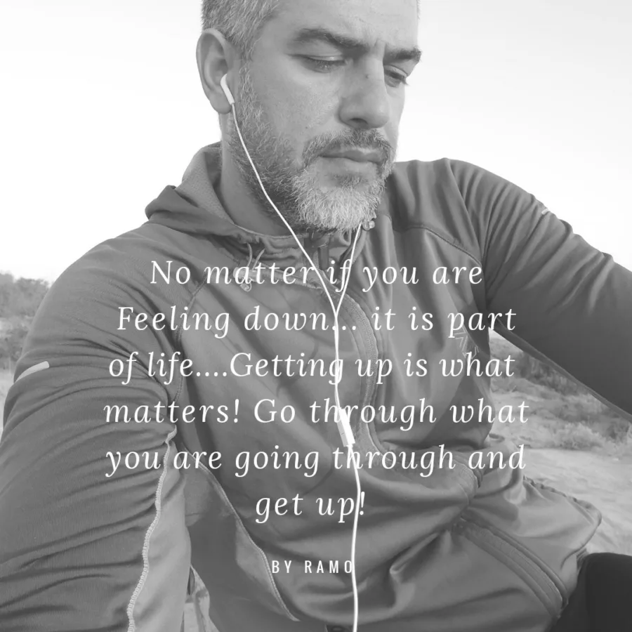 Card over a photograph of Ramo sitting with headphones in: no matter if you are feeling down, it is part of life, getting up is what matters