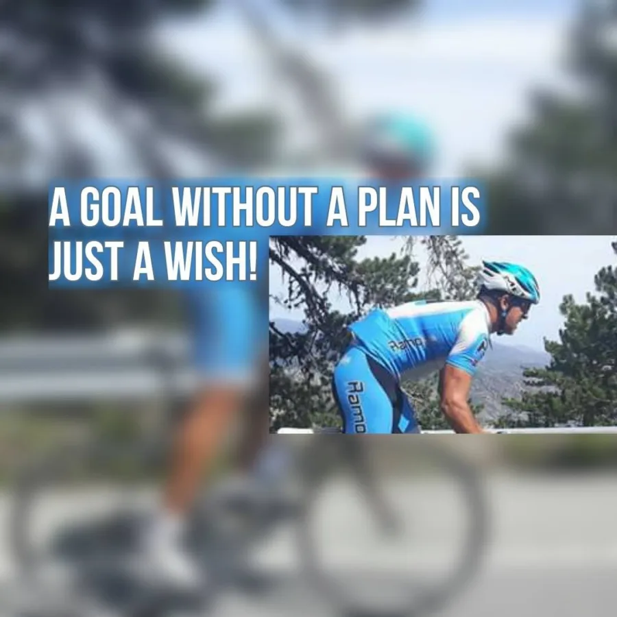 Card over a photograph of Ramo riding in Ramo team kit: a goal without a plan is just a wish
