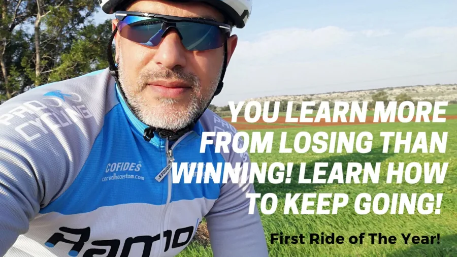 Card over a photograph of Ramo on the first ride of the year: you learn more from losing than winning, learn how to keep going