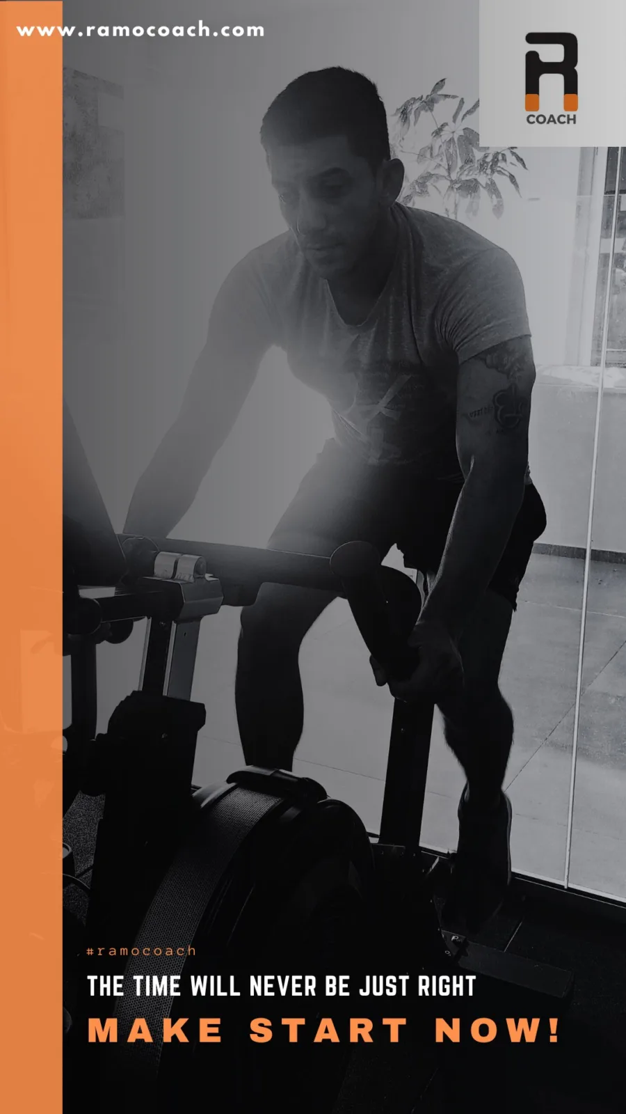 Card over a photograph of a rider working on a spin bike: the time will never be just right, make start now