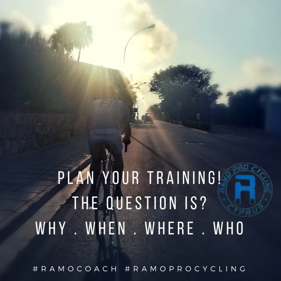 Card over a photograph of a rider heading into low sun: PLAN YOUR TRAINING! THE QUESTION IS? WHY. WHEN. WHERE. WHO