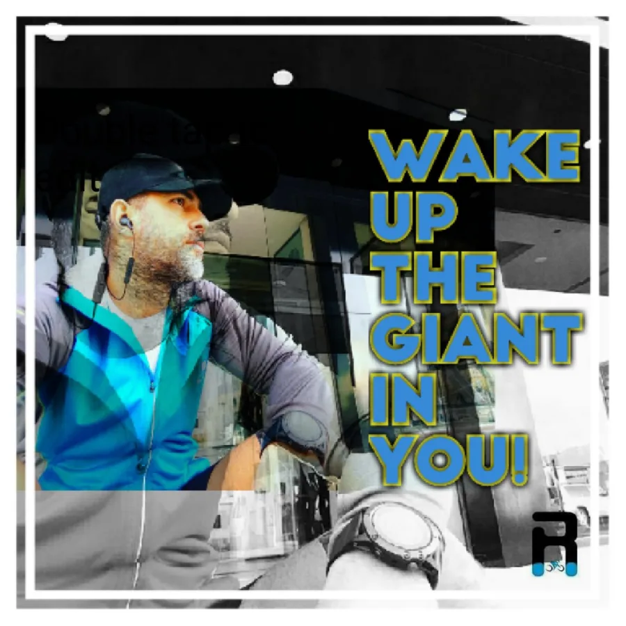 Card over a photograph of Ramo at the wheel of a van in cycling kit: wake up the giant in you