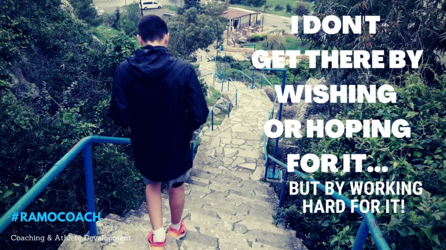 Card over a photograph of a boy walking up a stone stairway: I don’t get there by wishing or hoping for it, but by working hard for it