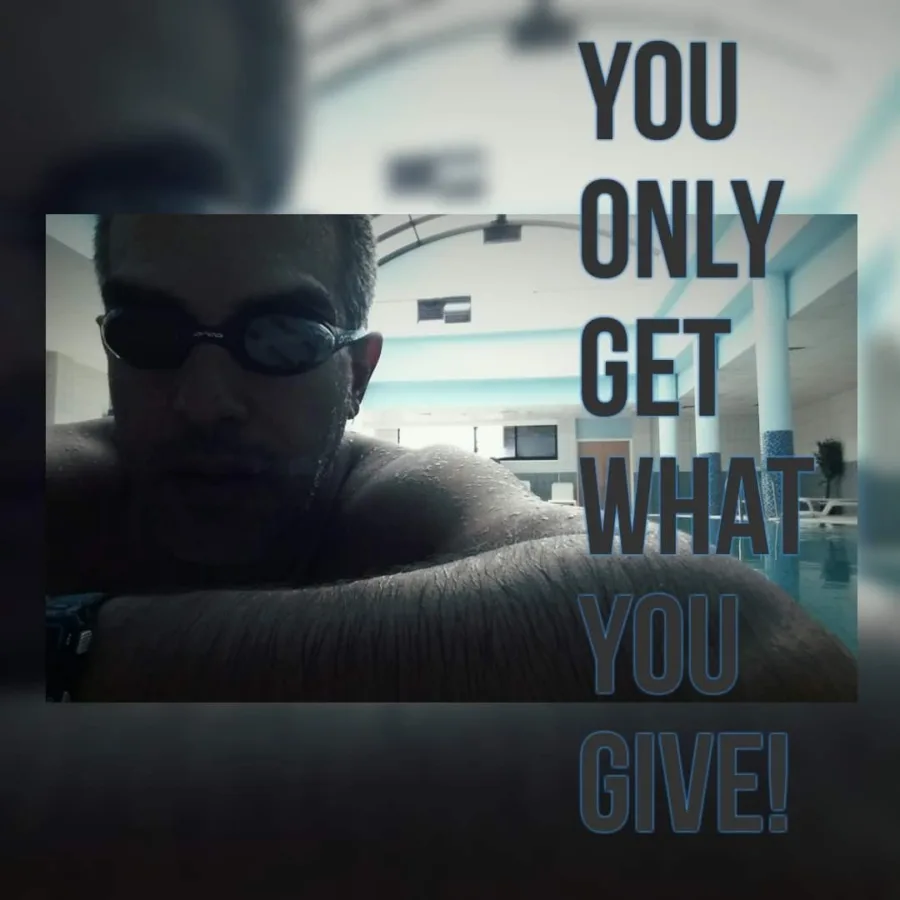 Card over a photograph of Ramo in goggles at the poolside: you only get what you give