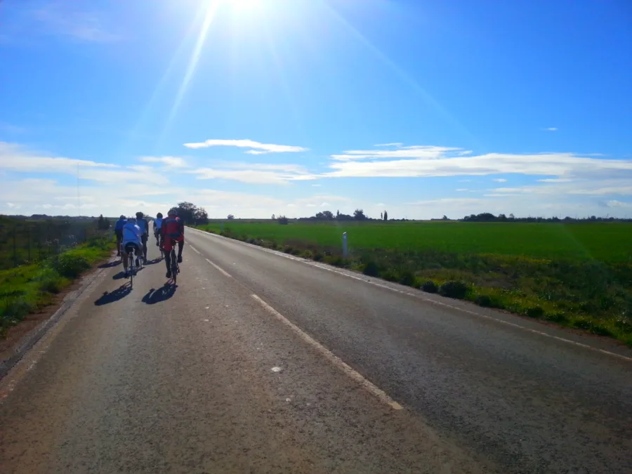 Riders on an open road with the sun high and the horizon flat